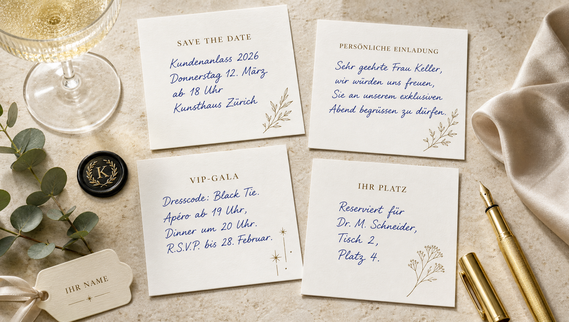 Beispiele handgeschriebener Eventeinladungen: Save-the-Date, persönliche Einladung, VIP-Gala-Karte und Tischkarte mit Goldakzenten