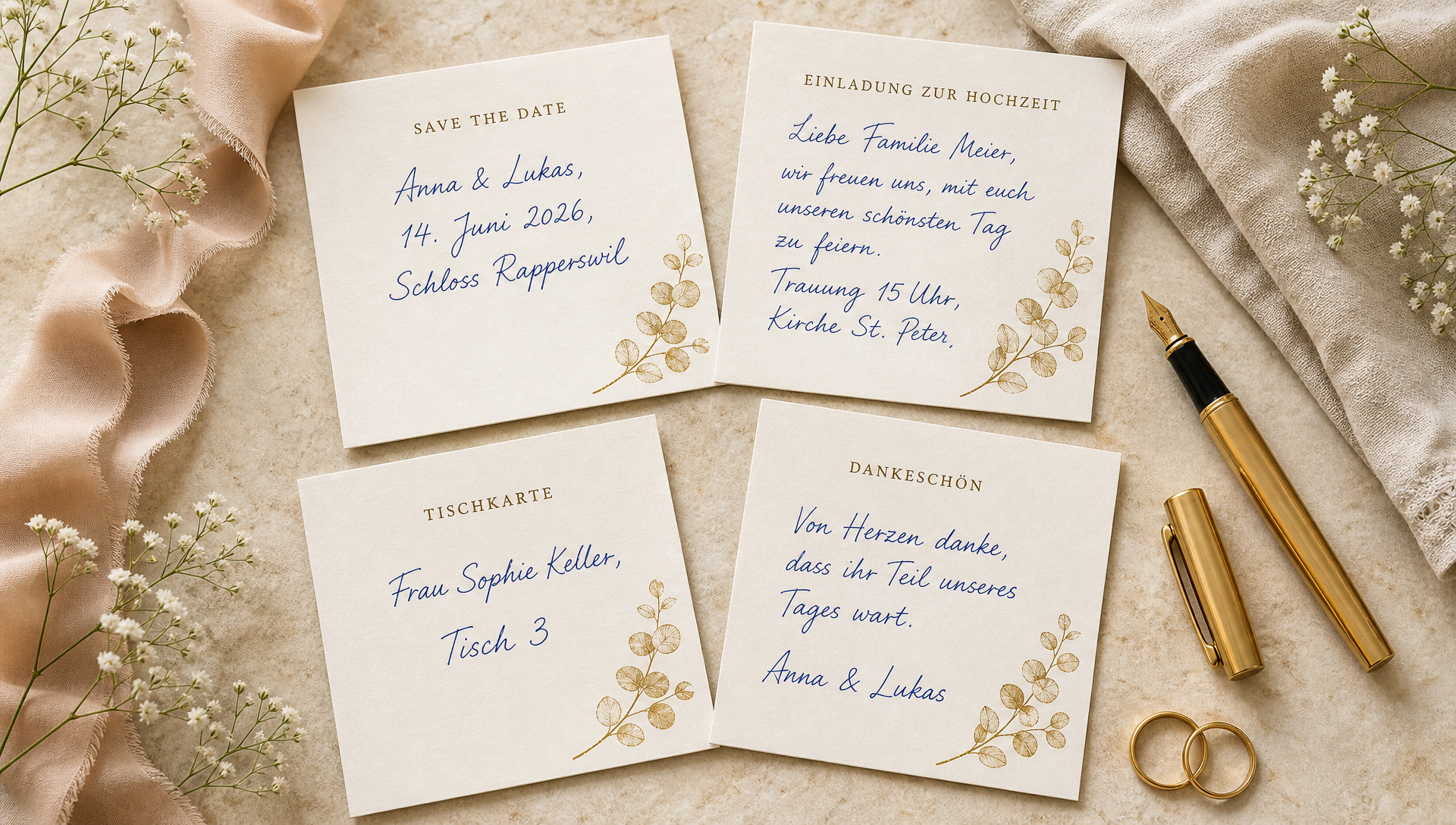 Handgeschriebene Hochzeitspapeterie von Inkly: Save-the-Date, Einladungskarte, Tischkarte und Dankeskarte mit Goldakzenten