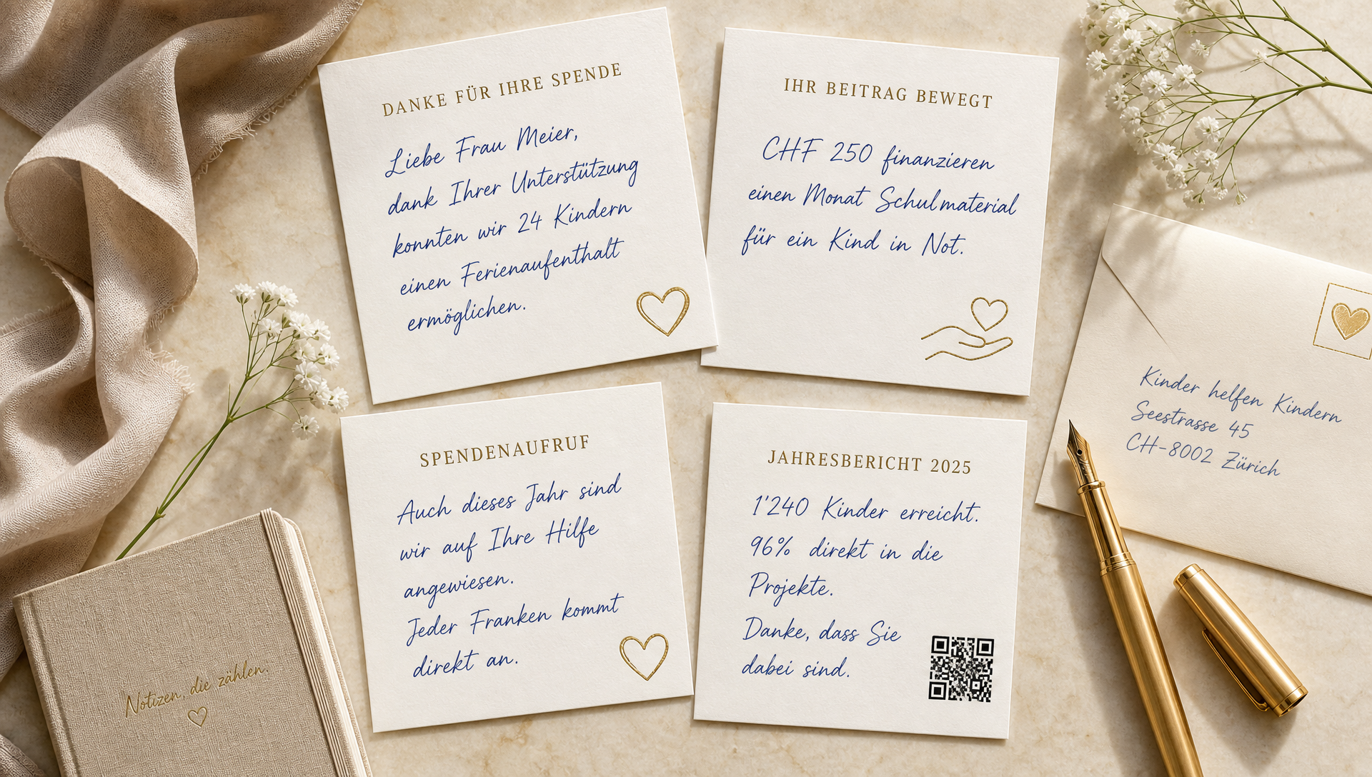 Beispiele handgeschriebener Fundraising-Karten: Dankesbrief, Impact-Karte mit konkreter Wirkung, Spendenaufruf und Jahresbericht mit QR-Code