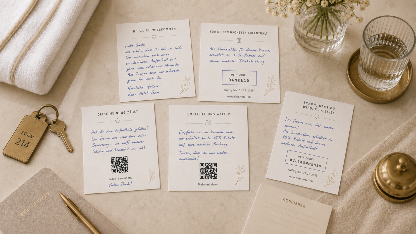 Handgeschriebene Karten für Hotels: Begrüssung, VIP-Rabattcode, Bewertungsanfrage mit QR-Code, Empfehlungsprogramm und Rückgewinnungskarte – Beispiele von Inkly